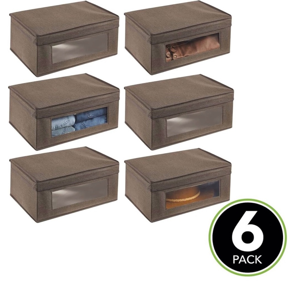 NEW Set Of 6 Stackable Slim Shelf Storage Organizer Box with Window/Attached Lid
